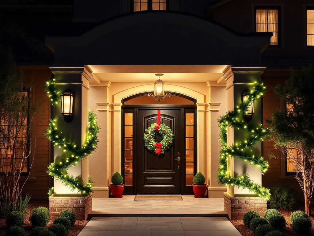 Front entry with lit Christmas wreath and garland-wrapped columns
