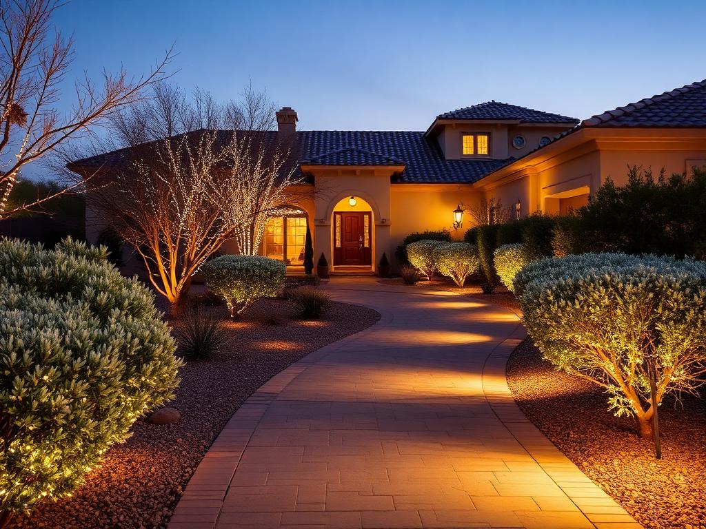 Walkway and bushes lit with warm-white Christmas lights