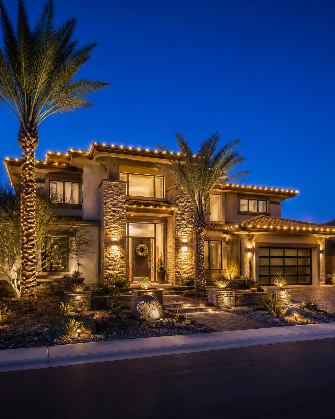 Upscale Las Vegas home professionally decorated with warm-white Christmas roofline lights